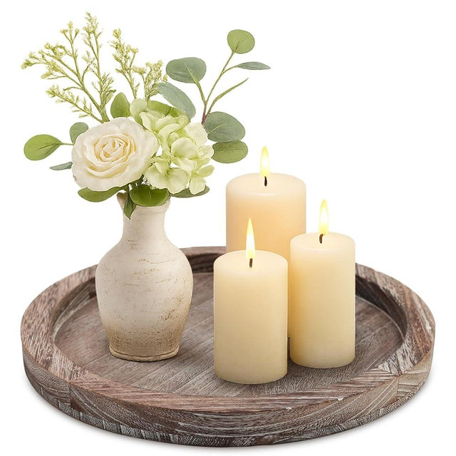 Round Decorative Wood Trays for Coffee Table Counter Farmhouse Kitchen Home Decor Centerpiece Small Wooden Candle Holder Tray Circular Serving Platter Circle Rustic Dining Table Bathroom Perfume Tray