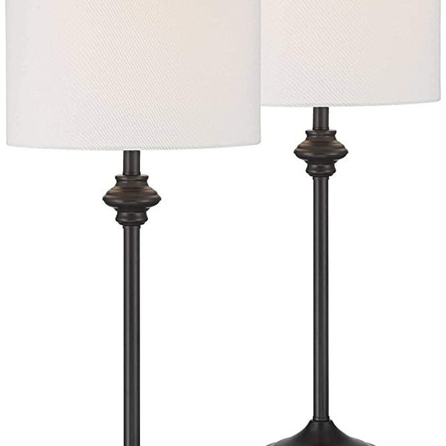 Lynn Modern Buffet Table Lamps Set of 2 Black Metal White Fabric Drum Shade for Dining Room - 360 Lighting