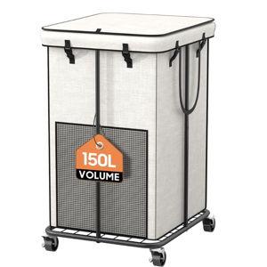 150L Large Laundry Hamper with Lid, Rolling Laundry Basket with Wheels, Oxford Fabric Dirty Clothes Hampers with Removable Laundry Bag & Metal Frame for Bedroom, Laundry Room, Bathroom, Dorm(White)
