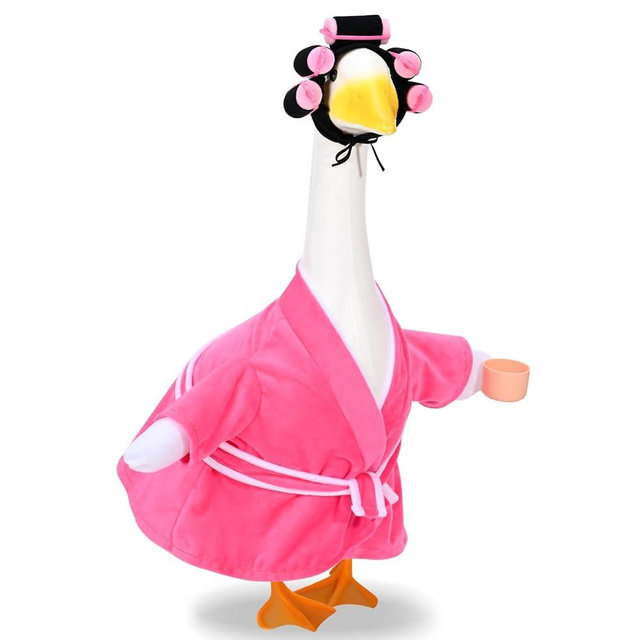 JcHrmers Old Lady Goose Outfits Christmas Porch Goose Clothes for 23'' Cement or Plastic Lawn Goose Statue Costume Bathrobe Coffee Cup Curlers for Outdoor Yard Garden Patio Decor (Pink)