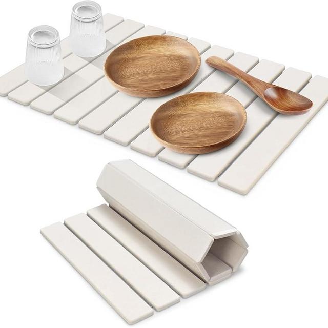 Large Stone Dish Drying Mats for Kitchen Counter, Quick Dry Collapsible Dish Drying Mat, Eco-Friendly Absorbent Foldable Diatomaceous Earth Mats for Dishes Bottles Cups, Match Any Countertop, 24"×16"