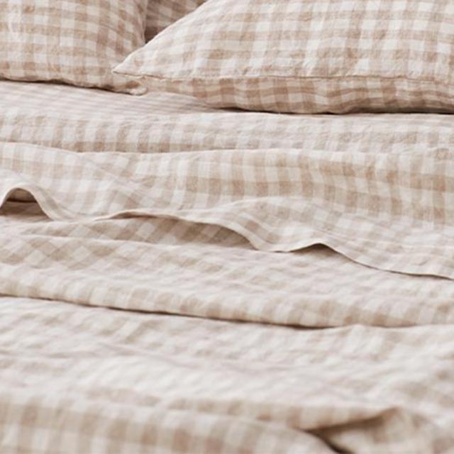 French linen flat sheet in Beige Gingham