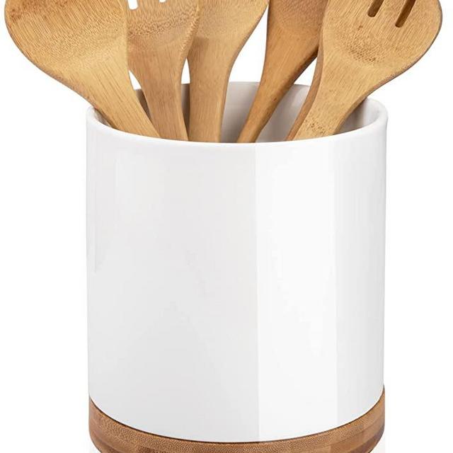 Nucookery 360°Rotating Utensil Holder, 7.2" Large Utensil Crock, White Ceramic Cooking Utensil Organizer with Countertop-Protection Cork Bottom for Farmhouse Kitchen Decor Christmas Thanksgiving Gift