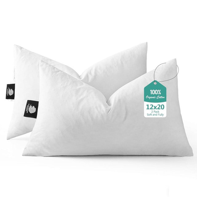 BPC Luxury Feather Down 12x20 Pillow Inserts Set of 2, Soft Fluffy Throw Pillows, 100% Organic Cotton Cover, Lumbar Pillow Insert for Couch, Living Room, Bed, Sofa