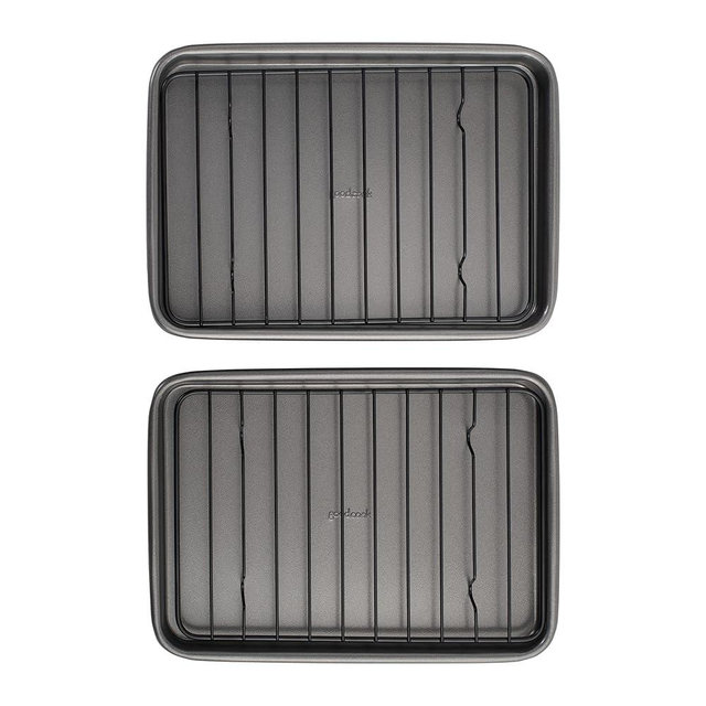 GoodCook Set of 2 Nonstick Steel 9" x 6.2" Toaster Oven Mini Baking Sheets with Racks, Gray