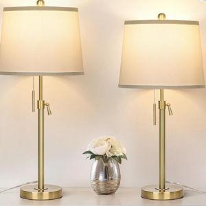 2 Pack 22"-30" Adjustable Height Table Lamps Set, Modern Gold Table Lamps with White Shade 3 Colour Temperature Pull Chain Tall Lamps for Living Room Bedroom Bedside End Table Nightstand