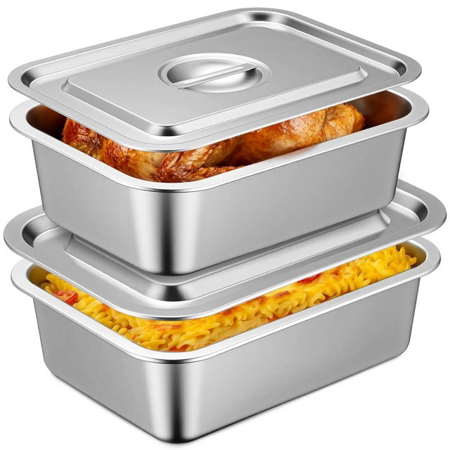 Acellegic 2 Pack 4 Inch Extra Deep Lasagna Baking Pan with Lid, 11"x14.2" 7.4qt & 8.6"x12.5" 4qt Rectangular Large Stainless Steel Nonstick Lasagna Roasting Pans Set Deep Baking Dish Set for Oven