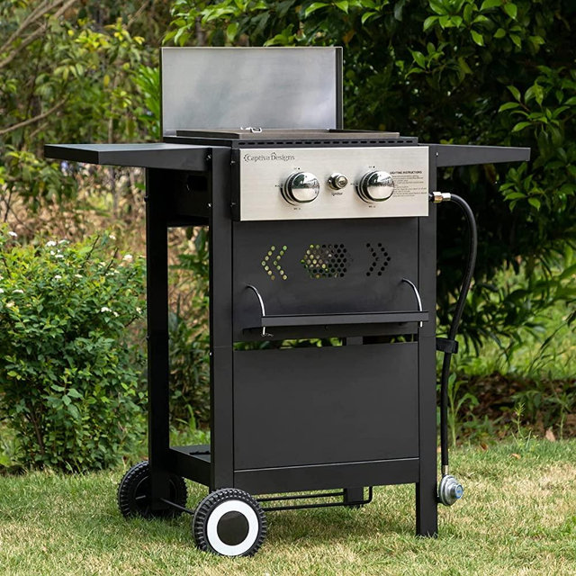 Sophia & William 2-Burner Gas Grill and Griddle Combo Portable Flat Top Grill Outdoor Propane Griddle Cooking Station with Side Shelves,Lid and Hose & Regulator for Camping BBQ, Black