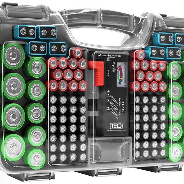 The Battery Organizer Storage Case with Hinged Clear Cover, Includes a Removable Battery Tester, Holds 180 Batteries Various Sizes Gray…, Model Number: TBO2699