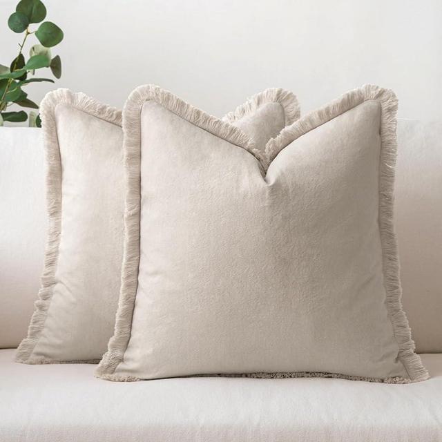 MIULEE Throw Pillow Covers 18x18 Set of 2 Beige Pillow Covers with Fringe Chic Cotton Decorative Pillows Square Cushion Covers Farmhouse Boho Decor for Sofa Couch Bed Living Room