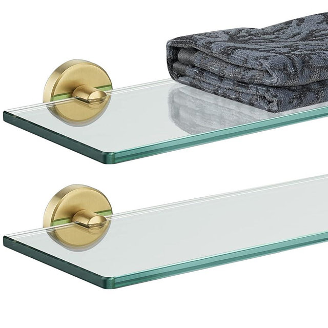 JQK Bathroom Glass Shelf Gold, Tempered Glass Shower Storage 12 by 5 inches, 304 Stainless Steel Brushed Gold Wall Mount 2 Pack, TGS101L12-BG-P2