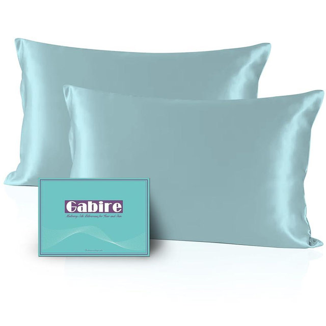 Gabire Mulberry Silk Pillowcases Set of 2, Both Sides Real Silk Pillowcase for Hair and Skin Prevent Acne Pillowcase Organic Silk Pillow case 2 Pack with Hidden Zipper, Haze Blue, Standard (20"×26")