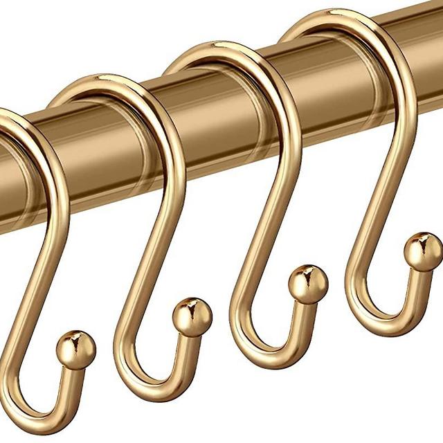 Gold Shower Curtain Rings Hooks, Set of 12 CHICTIE Brass Shower Hooks Decorative, Premium Metal Rust Resistant S Shaped ​Hooks Hangers for Bathroom Curtains,Clothing, Towels, etc