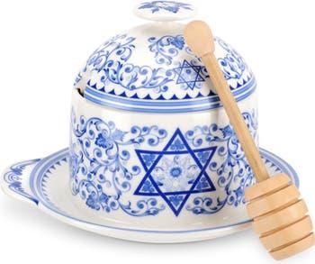 Judaica Porcelain Honey Pot with Wood Drizzler