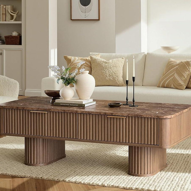 Win2win Fluted Coffee Table with Storage, Mid Century Modern Coffee Table with Faux Marble Top, Minimalist Rectangle Center Table with Sculptural Pedestal Legs & Drawers for Living Room/Office, Walnut