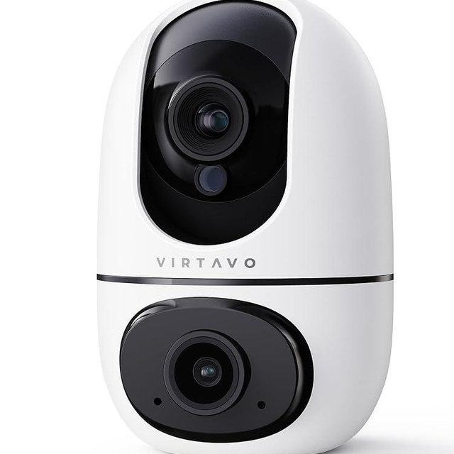 virtavo Pet Camera Indoor for Dogs & Cats, 360° PTZ Pet Monitor with Motion Tracking, Dual‑Lens, 2‑Way Audio, Night Vision, No Subscription, Wi‑Fi 6 (2.4GHz/5GHz), SD & Cloud Storage