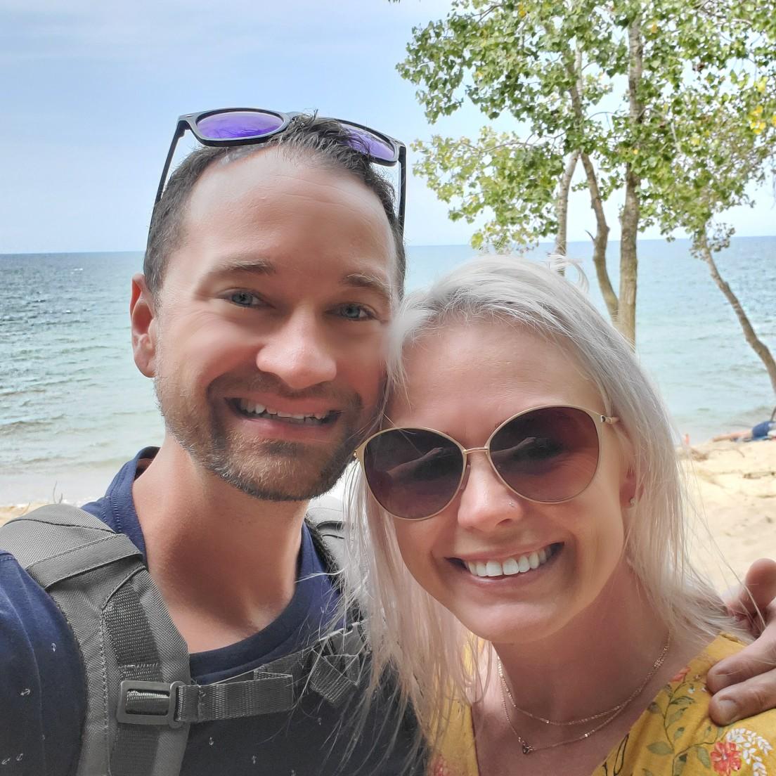 Our Anniversary trip to Michigan. We had just hiked up to venture over to Lake Michigan.