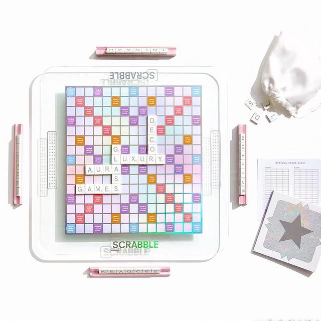 WS Game Company Scrabble Aura Edition – Iridescent Rotating Tempered Glass Game Board, Metallic-Printed Letter Tiles, Luxe Tile Racks & Organizer Tray – Family Word Game for Ages 8+, 2–4 Players