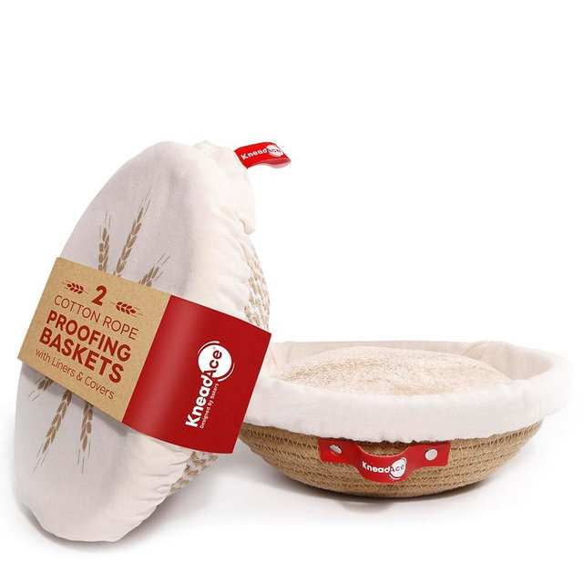 KneadAce Cotton Rope Banneton Bread Proofing Basket Set, 2 x Round Bread Basket with Liners & Covers for Artisan Bread Baking, Sourdough Bread Baking Supplies