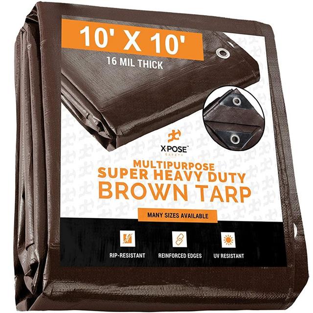 10' x 10' Super Heavy Duty 16 Mil Brown Poly Tarp Cover - Thick Waterproof, UV Resistant, Rip and Tear Proof Tarpaulin with Grommets and Reinforced Edges - by Xpose Safety
