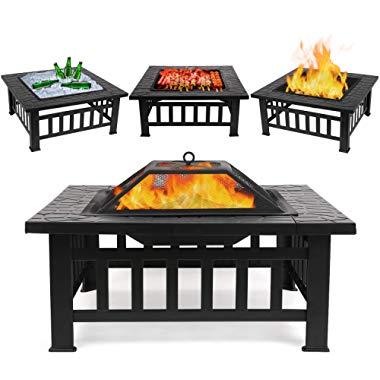 FIXKIT Fire Pit Table Outdoor with BBQ Grill Shelf, Multifunctional Garden Terrace Fire Bowl Heater/BBQ/Ice Pit, 32" Diameter Square Fireplace with Waterproof Cover