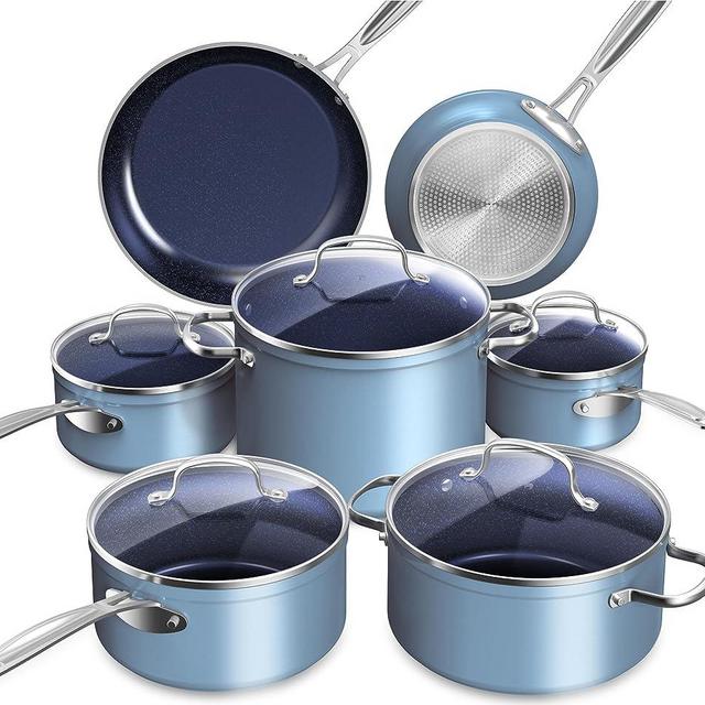 Nuwave Healthy Duralon Blue Ceramic Nonstick Coated Cookware Set, Diamond Infused Scratch-Resistant, PTFE & PFOA Free, Oven Safe, Induction Ready & Evenly Heats, Tempered Glass Lids & Stay-Cool Handle