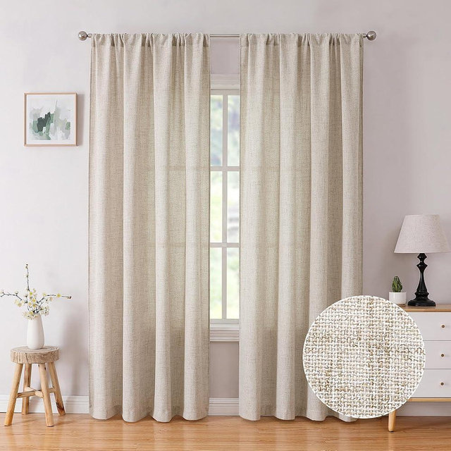 Tollpiz Linen Curtain Living Room Rod Pocket Semi Sheer Curtains Burlap Light Filtering Thick Linen Drape for Bedroom, 54 x 72 inches Long, Natural, Set of 2 Panels