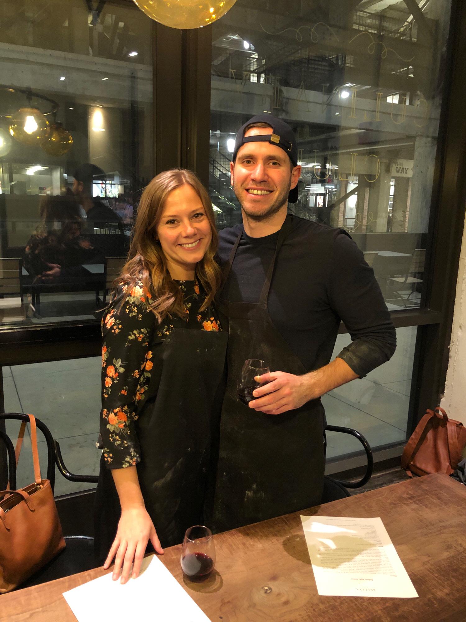 Enjoying a date night at a pizza making class (Alecia's pizza fell apart because she added too much cheese).