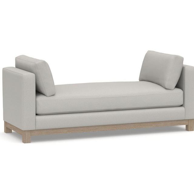 Jake Upholstered Settee with Wood Legs, Polyester Wrapped Cushions, Heathered Chenille Pebble