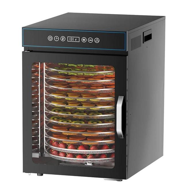 Food dehydrator, 12-layer stainless steel rotating dehydrator, suitable for food, jerky, pet food, herbs, vegetables, fruits, temperature function, 24-hour timer, overheating protection