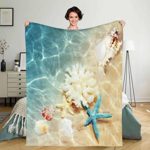 ZFYIPOK Beach Throw Blanket, Ocean Beach Theme Blanket Seashell Blanket Travel Blankets Warm Blankets for Bedroom Living Rooms Sofa Beds Office 50x40 Inch