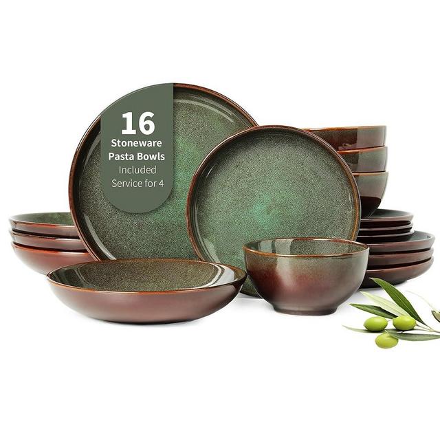 Pokini 16 Piece Double Bowl Dinnerware Sets with Pasta Bowls, Highly Chip and Crack Resistant Plates and Bowls Sets, Natural Earthyware Ceramic Dishware Sets, Service for 4 Sage Green