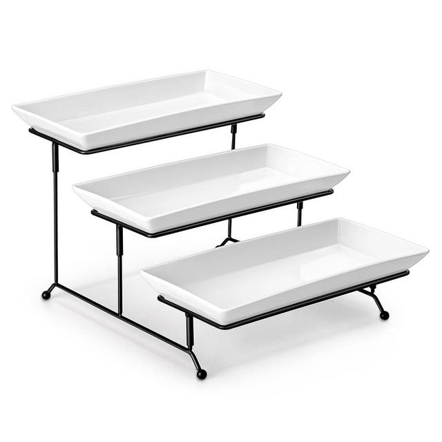 MALACASA 3 Tier Serving Tray, Porcelain Tiered Tray Stand, 12 Inch Ceramic Serving Platter with Collapsible Sturdier Rack, Dessert Wihte, Series PLAT
