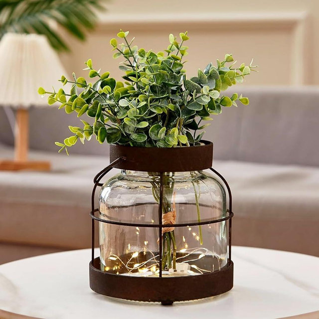 Denique Vintage Glass Farmhouse Vase, Rustic Lantern Decor with Plants LED Lights, Rustic Farmhouse Vase for Floral Arrangements Home Decor Gifts
