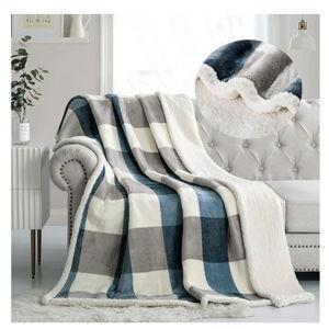 PU MEI Sherpa Fleece Throw Blanket 60" x 80" Reversible Plush Fluffy Large Big Blanket Lattice Flannel Blankets for Sofa Couch Bed (Grey-Soft Blue, 60"*80")
