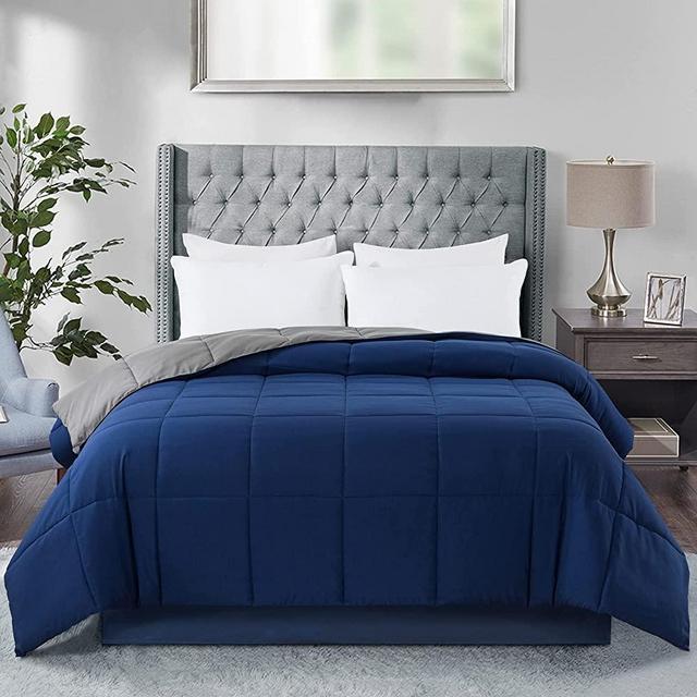 Cosybay Down Alternative Comforter (Blue/Grey, King) - All Season Soft Quilted King Size Bed Comforter -Reversible Lightweight Duvet Insert with Corner Tabs -Winter Summer Warm Fluffy, 102x90 inches