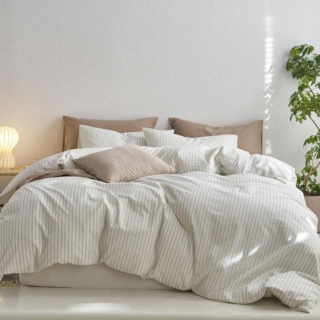 MooMee Bedding Duvet Cover Set Striped 100% Washed Cotton Linen Like Textured Breathable Durable Soft Comfy (White Sage Green Stripe, Queen)