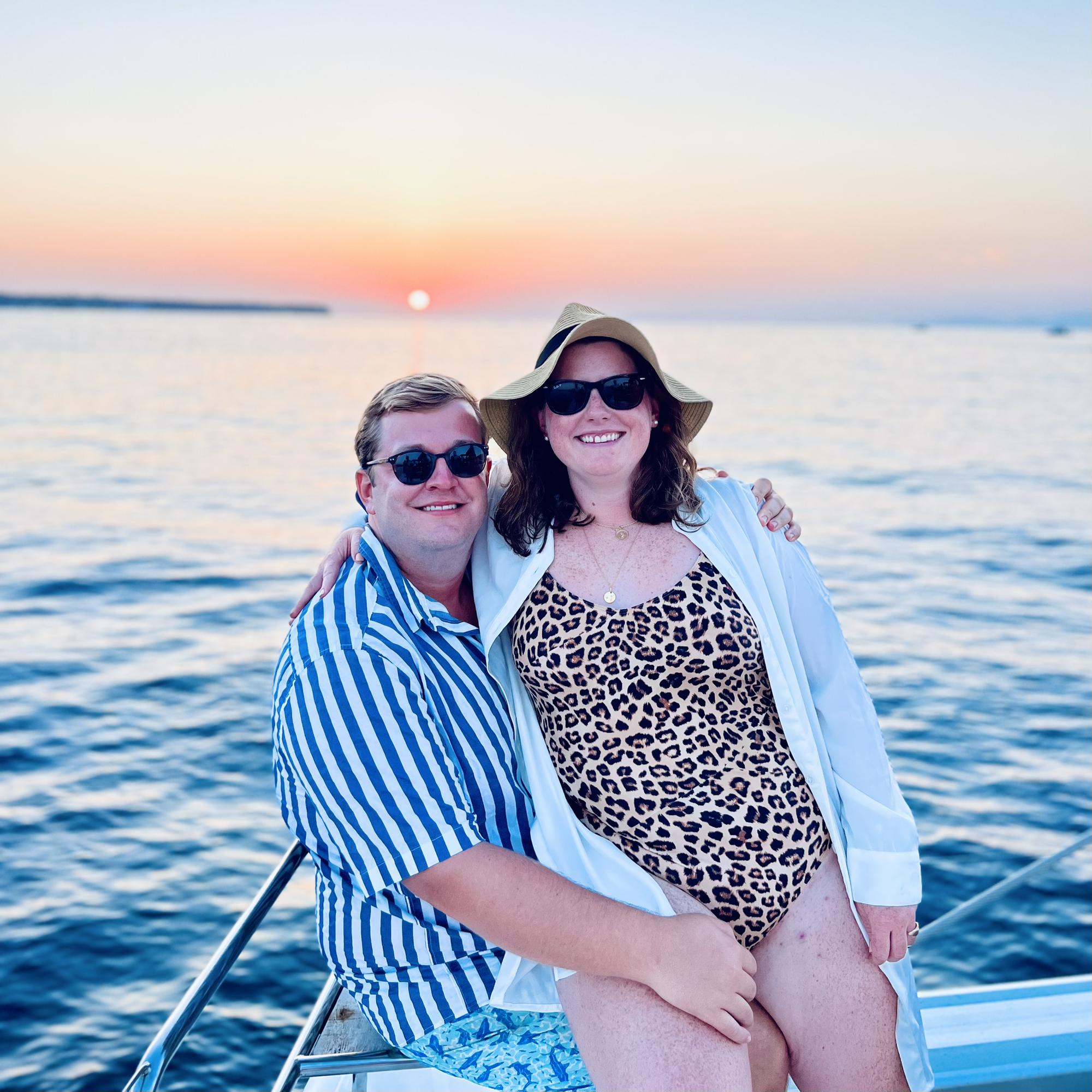 Sunset catamaran in Oia, Santorini, the day after our engagement. August 2022.