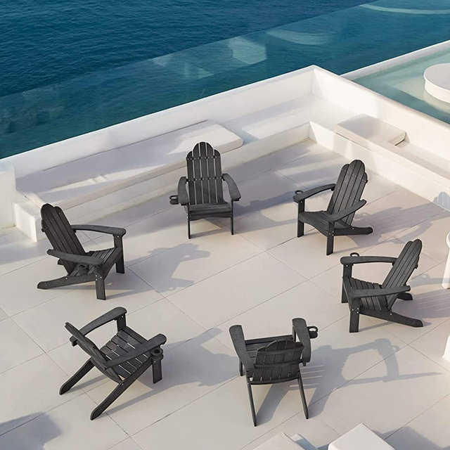 LUE BONA Poly Lumber Adirondack Chairs Set of 6, Black Adirondack Chairs with Cup Holder, 350LBS Modern Adirondack Chair Weather Resistant, Plastic Patio Adirondack Chair for Fire Pit, Backyard