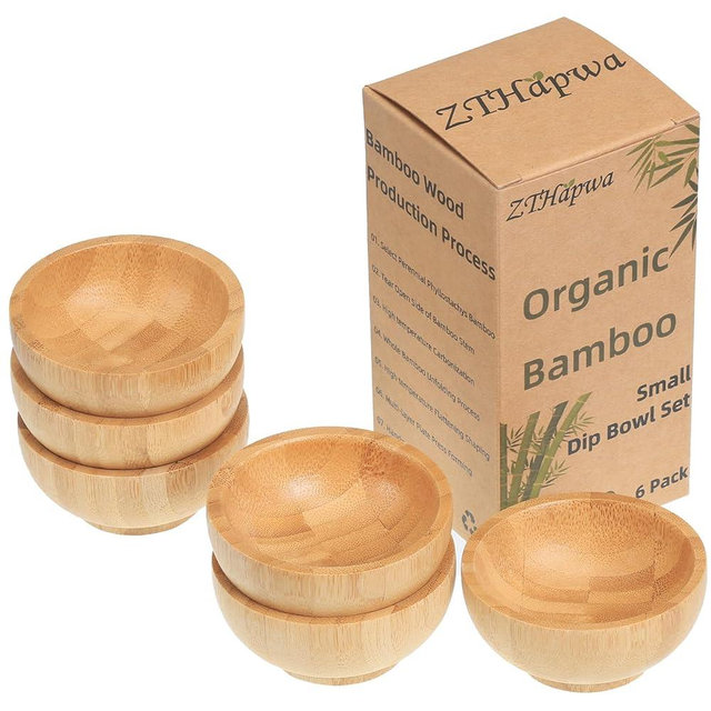 ZTHapwa Dipping Bowls Set, Small Bamboo Dipping Sauce Cups for Soy Sauce/Condiment/Salad/Snacks, Reusable Round Side Dish Bowls for Gourmet Oil Dipping Spice for BBQ, Party (Wood Color 1.4 oz.)