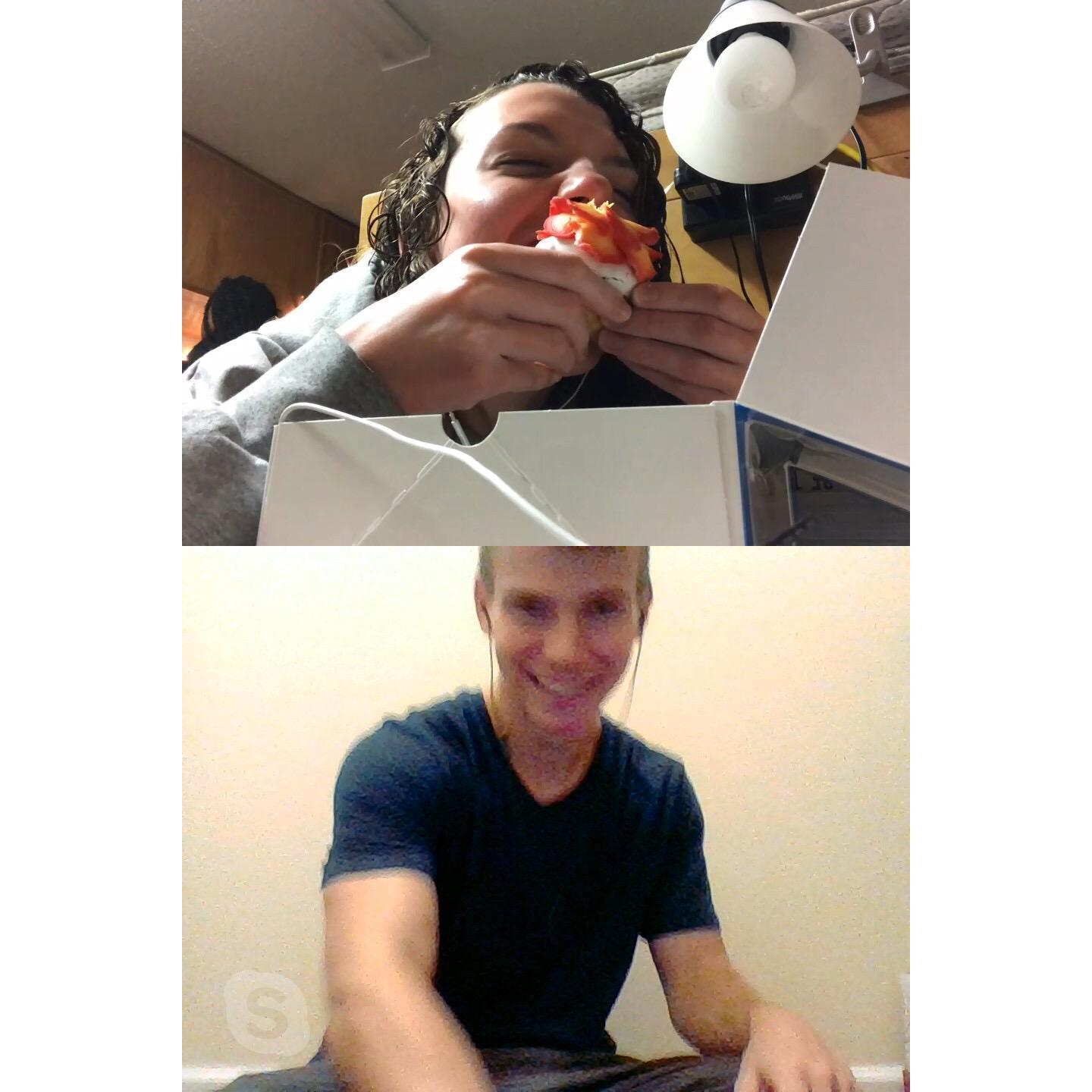 A perfectly timed picture of a long distance video call.
