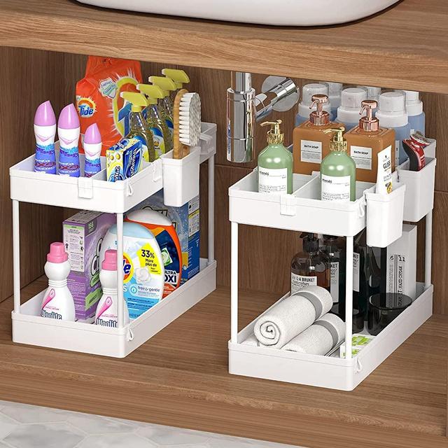 Soyo 2 Pack Under Sink Organizers and Storage, 2 Tier Bathroom Organizer Under Sink Shelf, Kitchen Organization Cabinet Storage Caddy Counter Basket with Hooks Dividers Hanging Cups, White