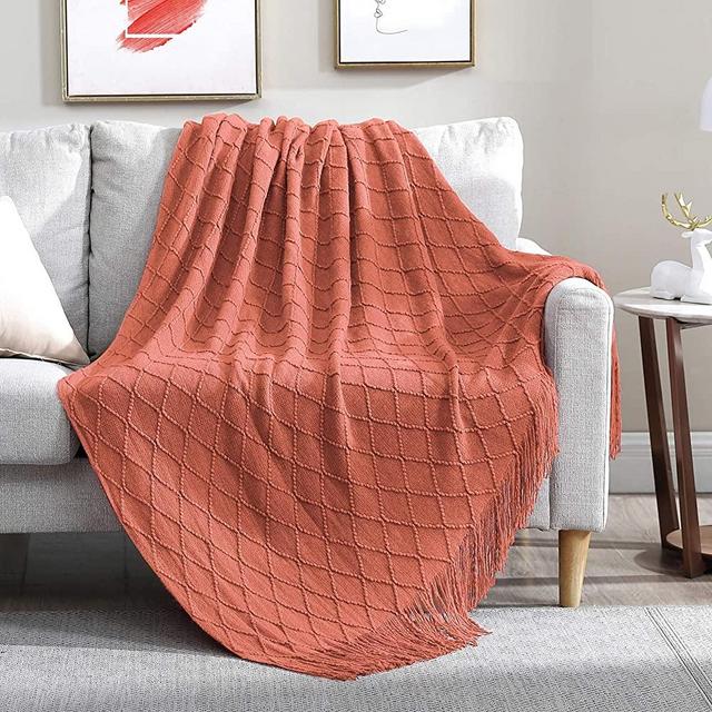 Walensee Throw Blanket for Couch, 50 x 60 Coral, Acrylic Knit Woven Summer Blanket, Lightweight Decorative Soft Nap Throw with Tassel for Chair Bed Sofa Travel Picnic, Suitable for All Seasons