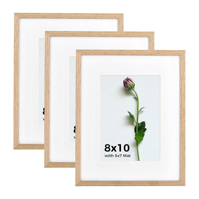 Atryinous 8x10 Picture Frame Set of 3, Solid Oak Wood 8 by 10 Photo Frames with Plexiglass Display Picture 5x7 with mat or 8x10 without mat Tabletop or Wall Hanging Collage frame Wall Decor