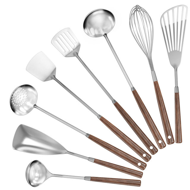 8-Piece 304 Stainless Steel Kitchen Utensil Set with Wood Handles, Wok Spatula Cooking Tools, Dishwasher Safe