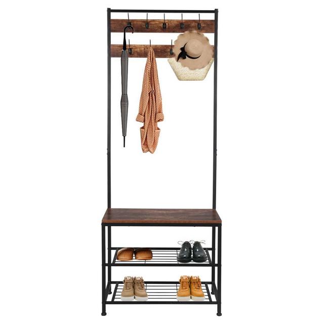 GoTEK Industrial Coat Rack Shoe Bench, Hall Tree Entryway 3-in-1Storage Shelf, Wood Look Accent Furniture Metal Frame, Easy Assembly (v1)