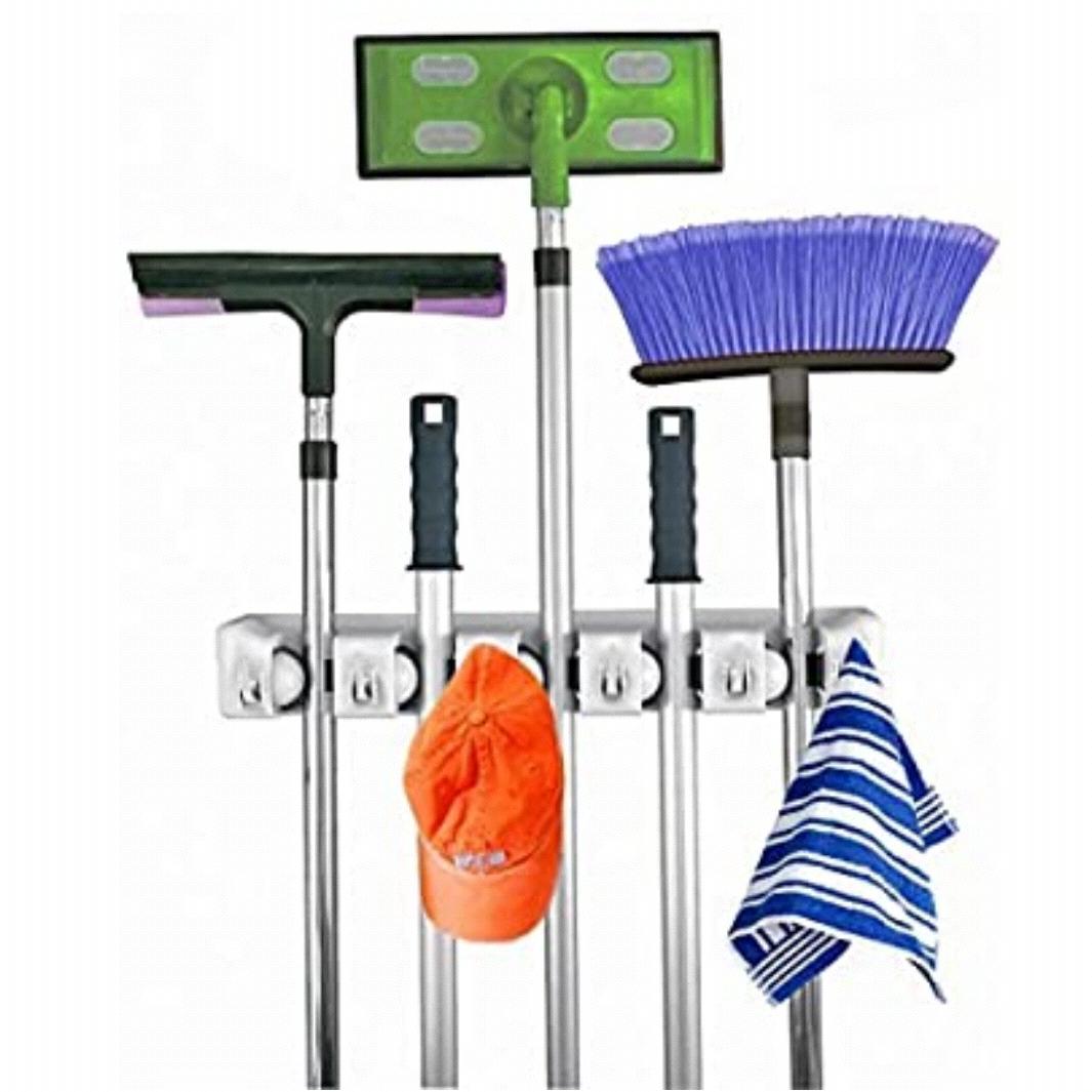 Home- It Mop and Broom Holder, 5 Position with 6 Hooks Garage Storage Holds up to 11 Tools, Storage Solutions for Broom Holders, Garage Storage Systems Broom Organizer for Garage Shelving Ideas