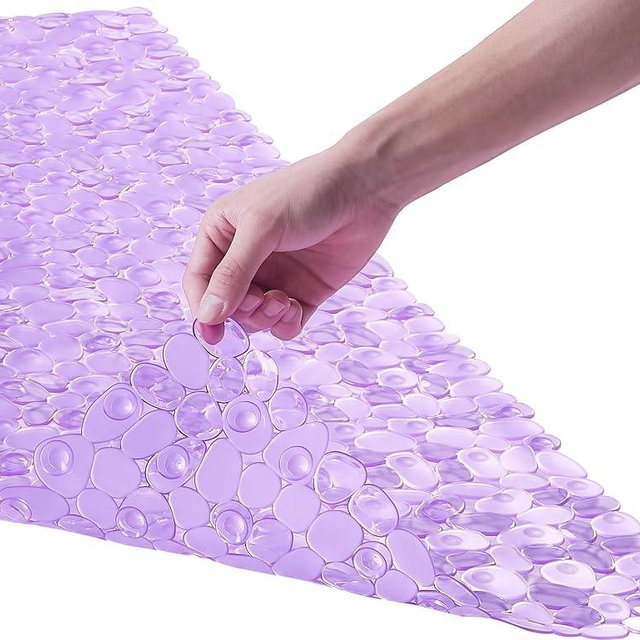 Webos Bath Shower Mat Non Slip: Extra Large Pebble Bathtub mat for Families, Anti Slip Shower Matt with Drain Holes Suction Cups Tub Mat - 16 X 40 Inch Clear Purple