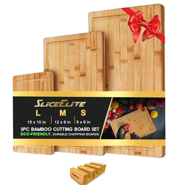 SliceElite Bamboo Cutting Board Set of 3 with Holding Rack and Silicone Feet Non Slip Storage Organizer with Handles Juice Grooves Space Saving Countertop Kitchen Wood Prep Boards Wooden Chopping