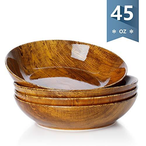 Sweese 113.251 Porcelain Large Salad Pasta Bowls - 45 Ounce 1.3 Quart - Set of 4, Woodgrain